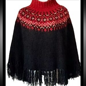 Taille Unique Women’s Winter Fringe Sweater Black Red One Size Geometric Pattern